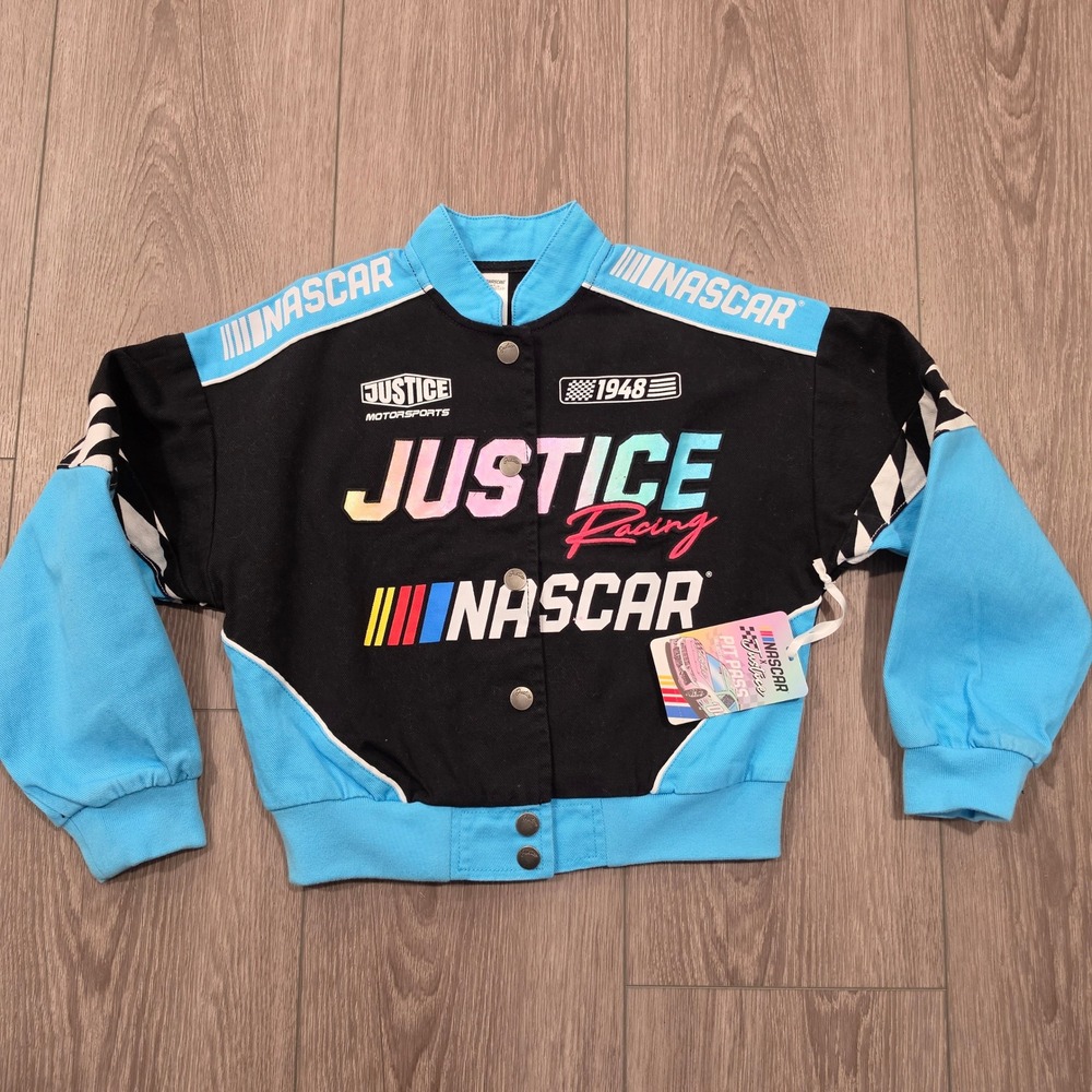 Justice x NASCAR Girls Racing Jacket Black Blue Snap Front Bomber Size S 7-8 NEW